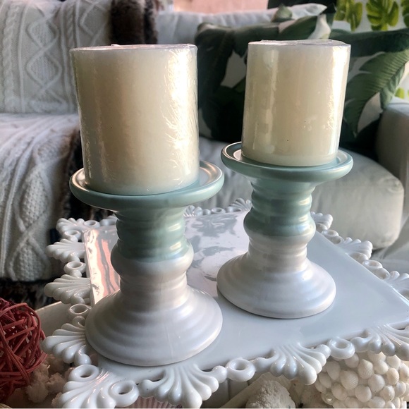 New!  Blue & White Color Block Ceramic Candle Holders  + Candles - Picture 1 of 4
